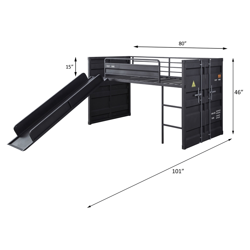 acme cargo twin metal loft bed with slide and slat system in gunmetal