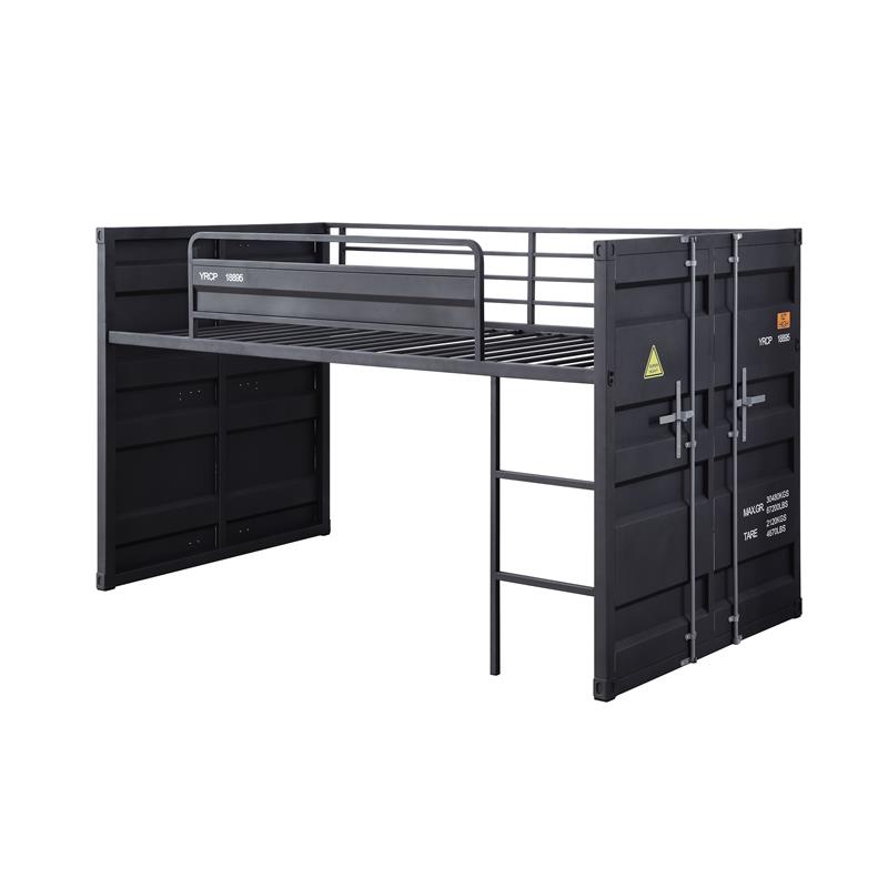 acme cargo twin metal loft bed with slide and slat system in gunmetal