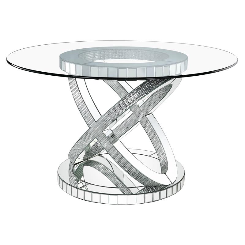 ACME Ornat Round Glass Top Dining Table in Faux Square Diamonds