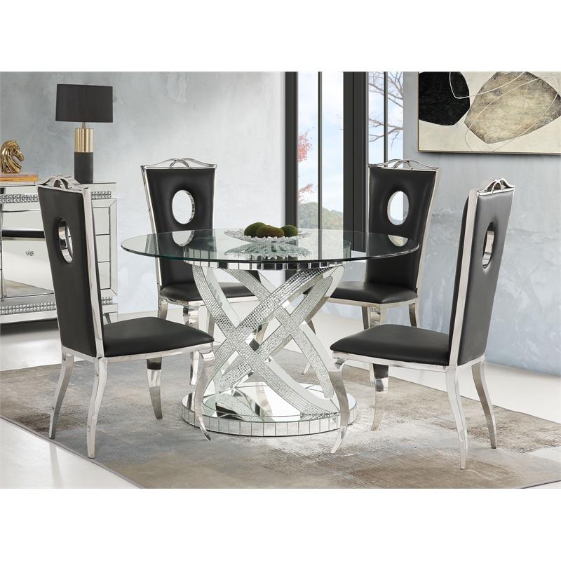 ACME Ornat Round Glass Top Dining Table in Faux Square Diamonds
