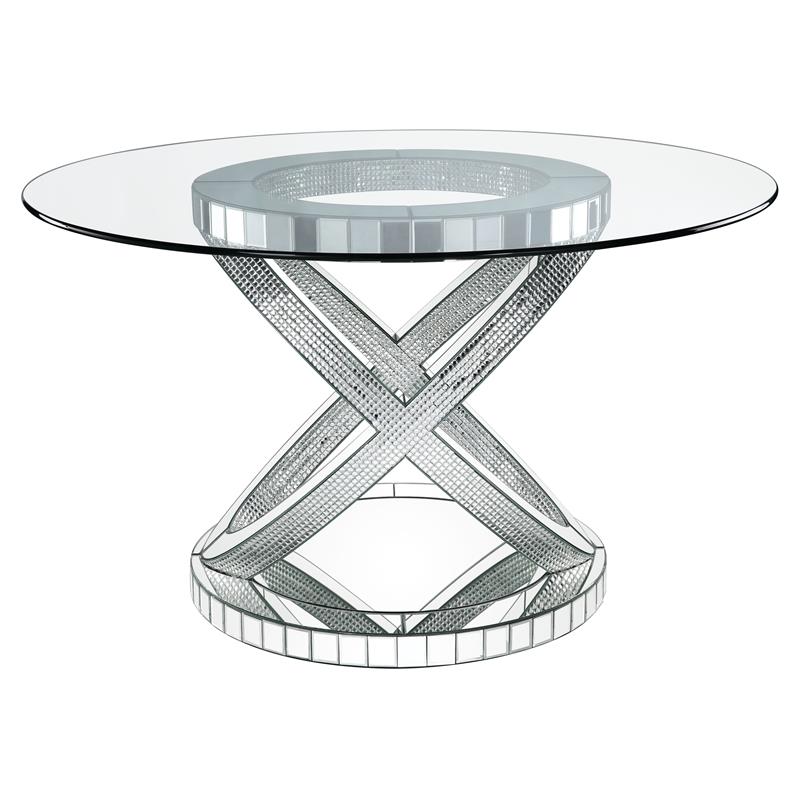 ACME Ornat Round Glass Top Dining Table in Faux Square Diamonds