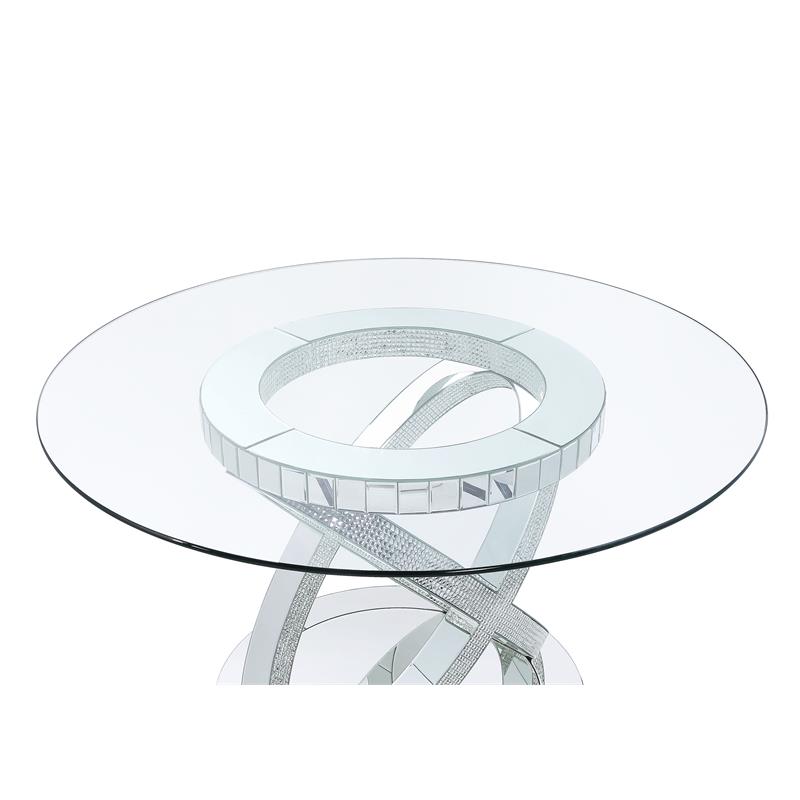 ACME Ornat Round Glass Top Dining Table in Faux Square Diamonds