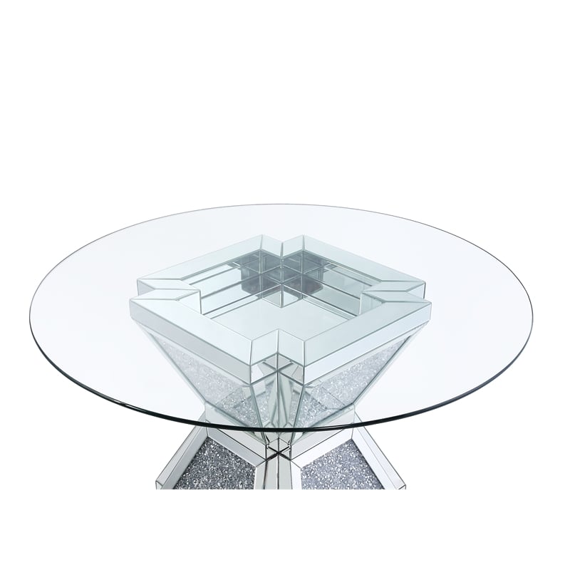 ACME Noralie Round Glass Top Dining Table in Mirrored and Faux Diamonds