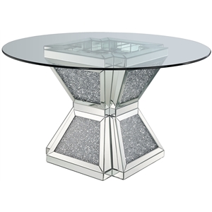 ACME Noralie Round Glass Top Dining Table in Mirrored and Faux Diamonds