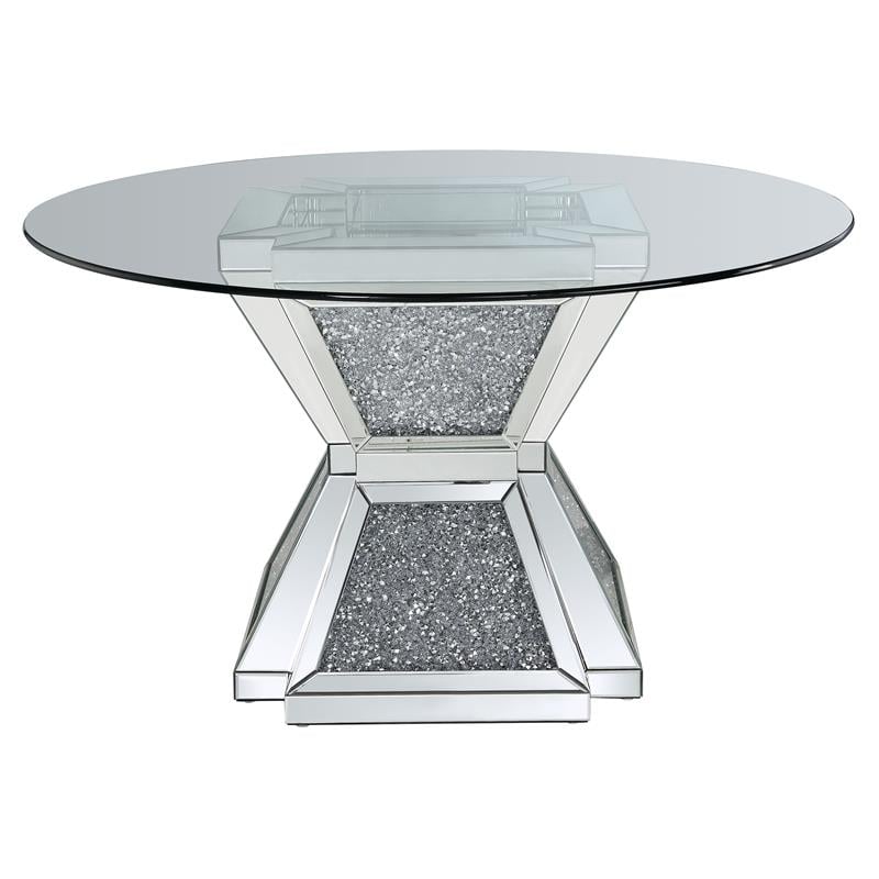 ACME Noralie Round Glass Top Dining Table in Mirrored and Faux Diamonds