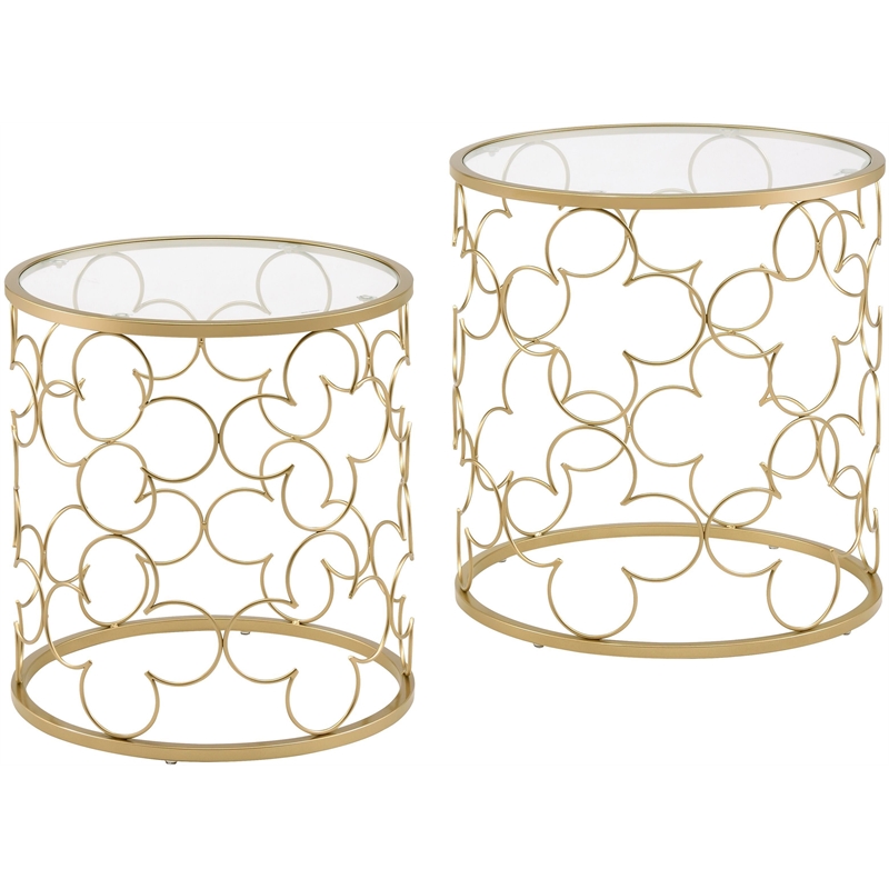 ACME Flowie 2-Piece Round Glass Top Nesting Table in Clear and Gold