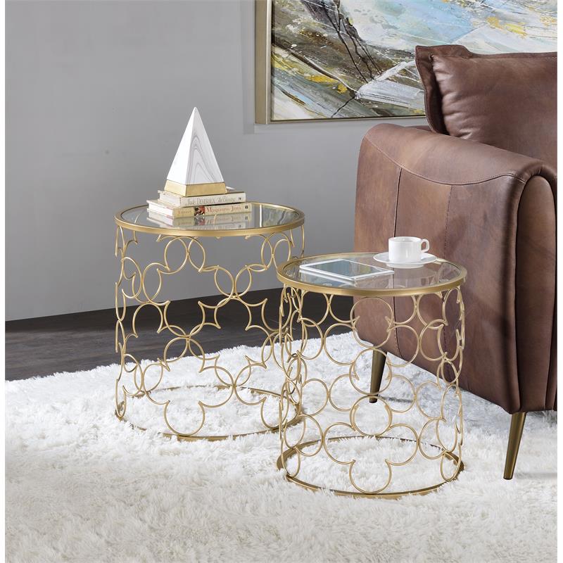 ACME Flowie 2-Piece Round Glass Top Nesting Table in Clear and Gold
