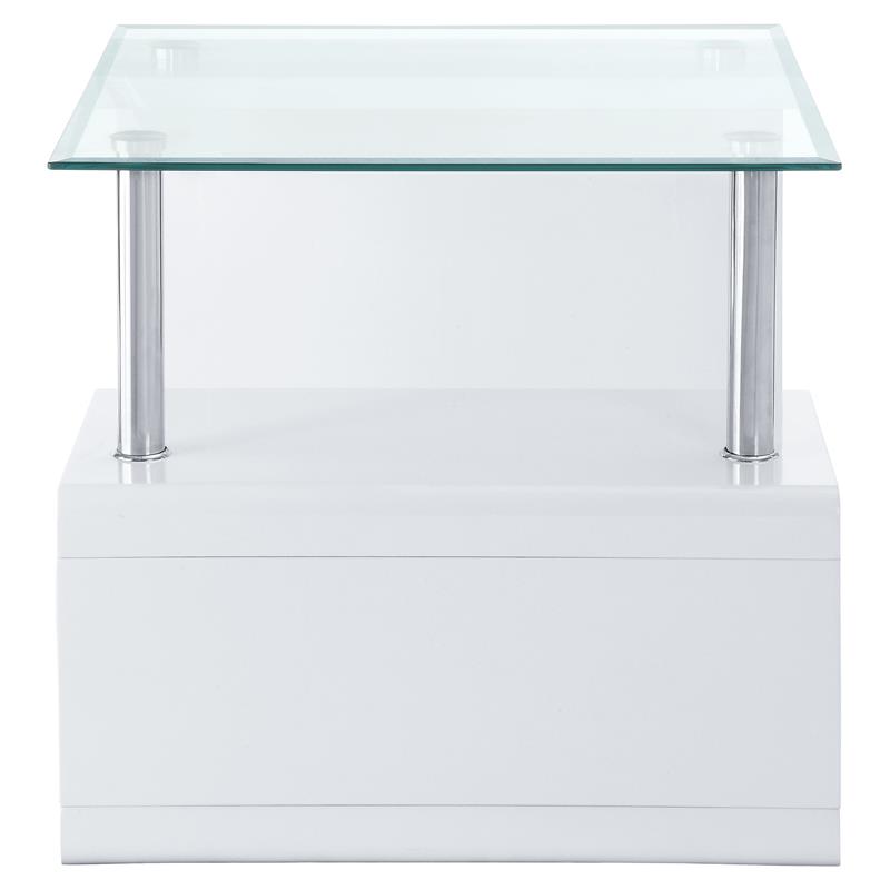 ACME Nevaeh Square Wooden End Table with Glass Top in Clear and White High Gloss