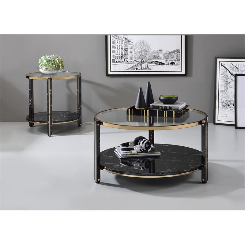ACME Thistle Round Glass Top End Table in Black and Champagne