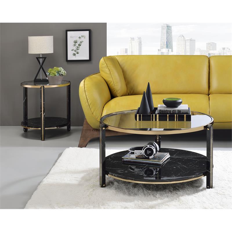 ACME Thistle Round Glass Top End Table in Black and Champagne