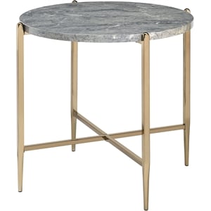 ACME Tainte Round Faux Marble Top End Table in Gray and Champagne
