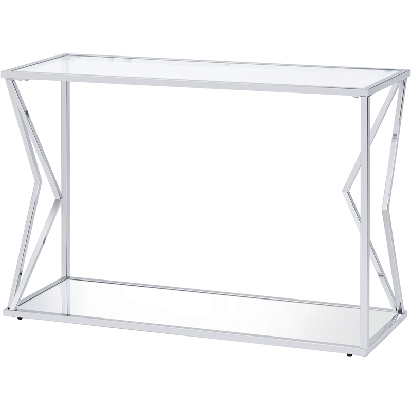 ACME Virtue Glass Top Sofa Table with Bottom Shelf in Clear and Chrome
