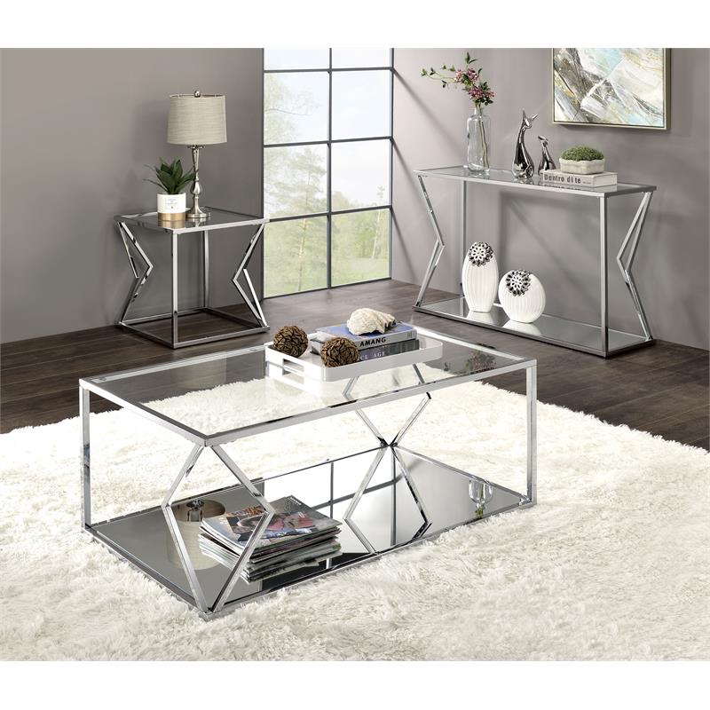 ACME Virtue Glass Top Sofa Table with Bottom Shelf in Clear and Chrome