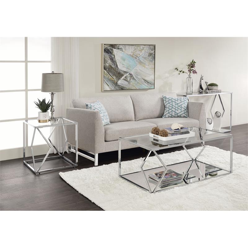 ACME Virtue Glass Top Sofa Table with Bottom Shelf in Clear and Chrome