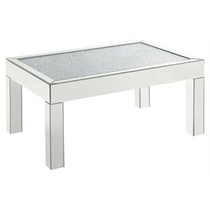 acme noralie glass top rectangular coffee table in mirrored and faux diamonds