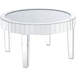 acme noralie round glass coffee tablein mirrored and faux diamonds