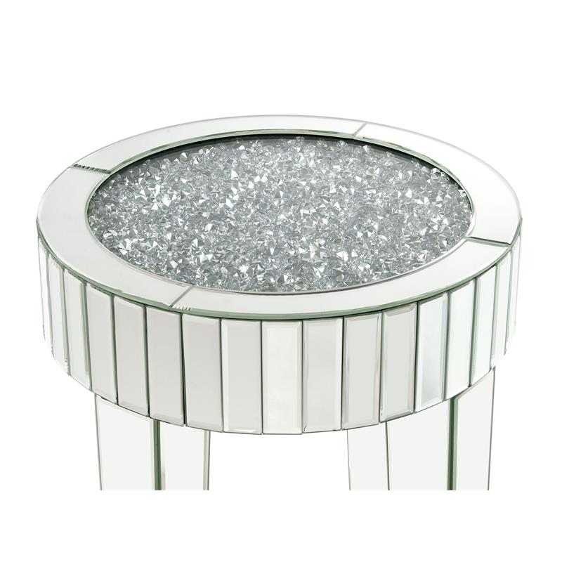ACME Ornat Round Glass End Table with Tapered Acrylic Leg in Mirrored
