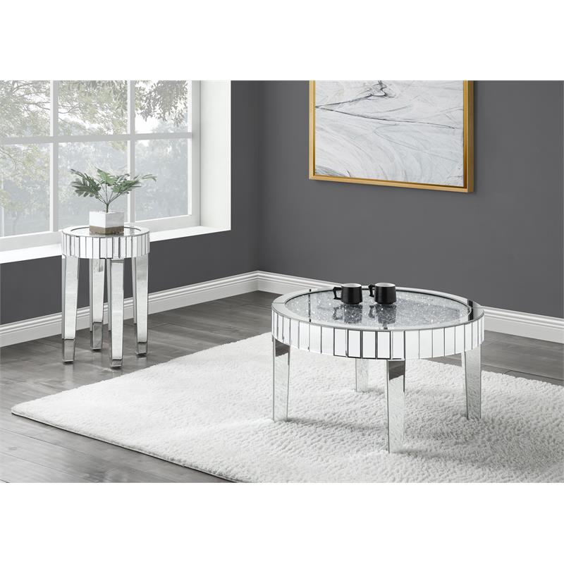 ACME Ornat Round Glass End Table with Tapered Acrylic Leg in Mirrored