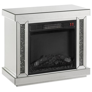 acme noralie wooden electric fireplace with led in mirrored and faux diamonds