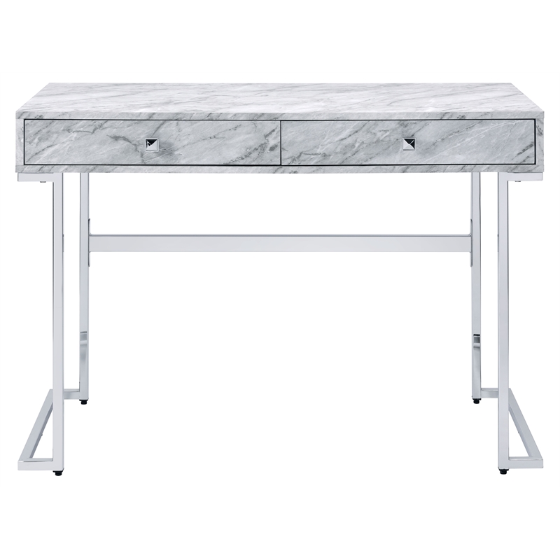 ACME Tigress Faux Marble Top Writing Desk with 2 Drawers in White and Chrome