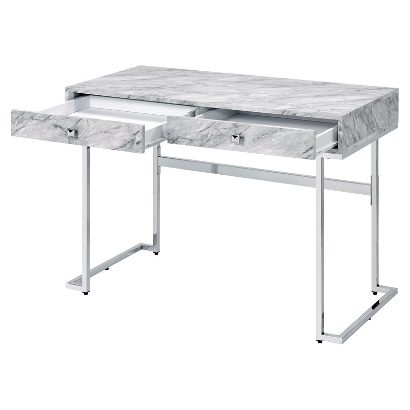 ACME Tigress Faux Marble Top Writing Desk with 2 Drawers in White and Chrome