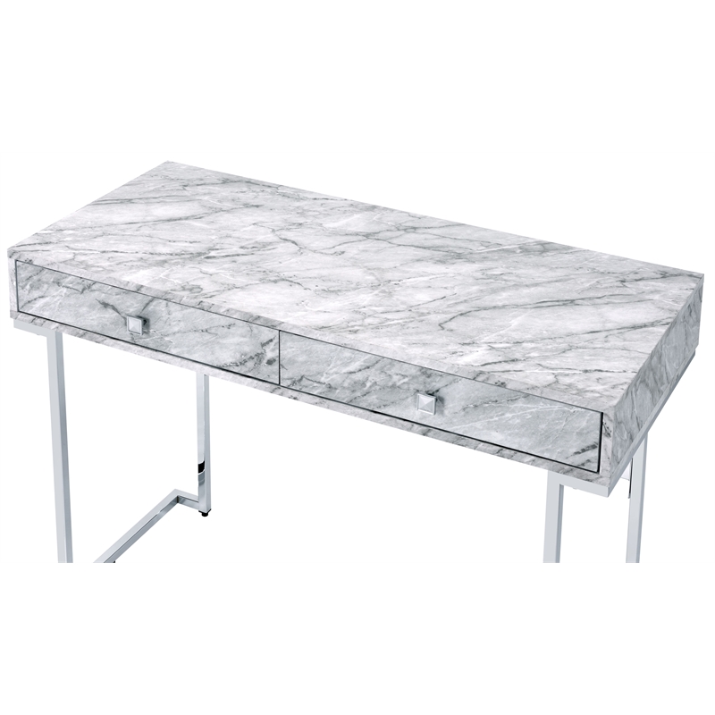ACME Tigress Faux Marble Top Writing Desk with 2 Drawers in White and Chrome