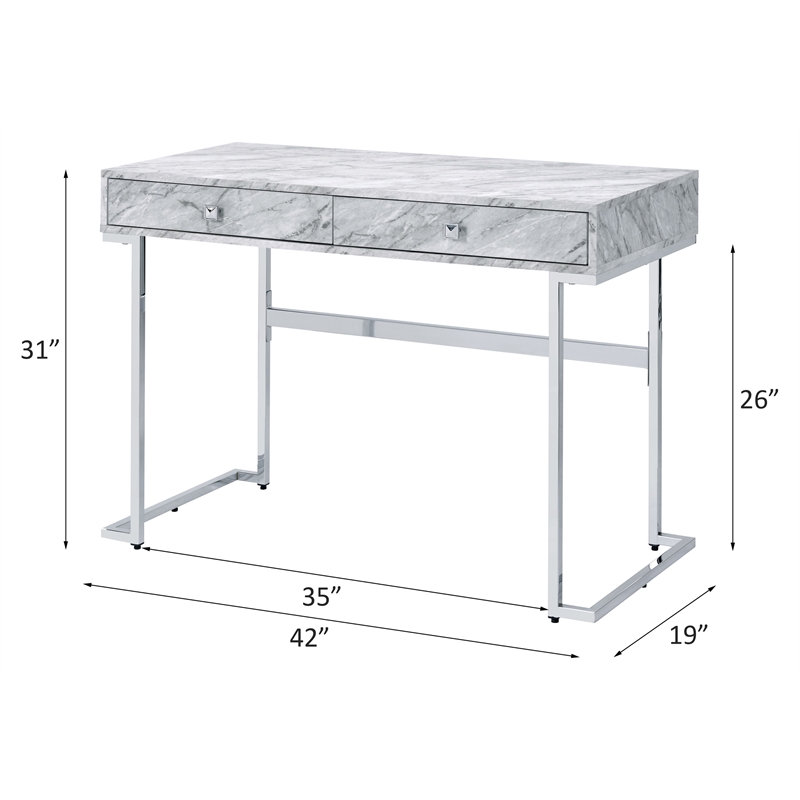 ACME Tigress Faux Marble Top Writing Desk with 2 Drawers in White and Chrome