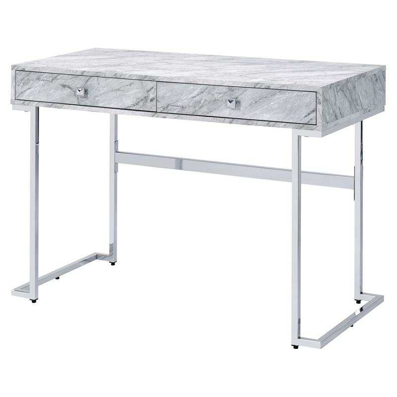ACME Tigress Faux Marble Top Writing Desk with 2 Drawers in White and Chrome