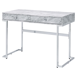 acme tigress faux marble top writing desk with 2 drawers in white and chrome