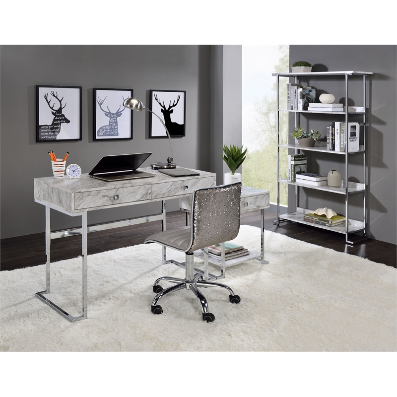 ACME Tigress Faux Marble Top Writing Desk with 2 Drawers in White and Chrome