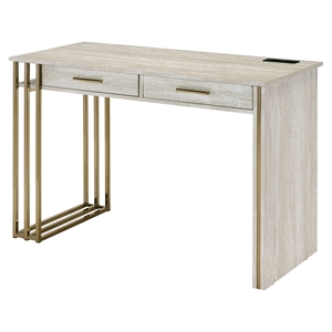acme tyeid wooden writing desk with usb port in antique white and gold
