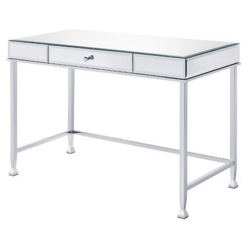 ACME Canine Rectangular Wood Top Writing Desk in Mirrored and Chrome
