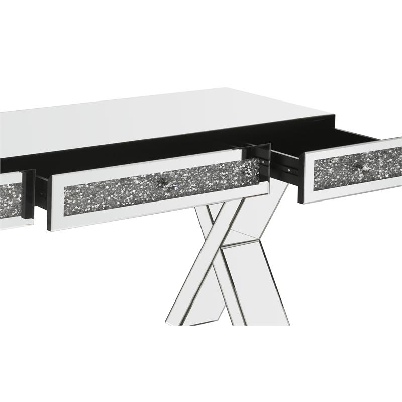 ACME Noralie Wood Frame Rectangular Writing Desk in Mirrored and Faux Diamonds