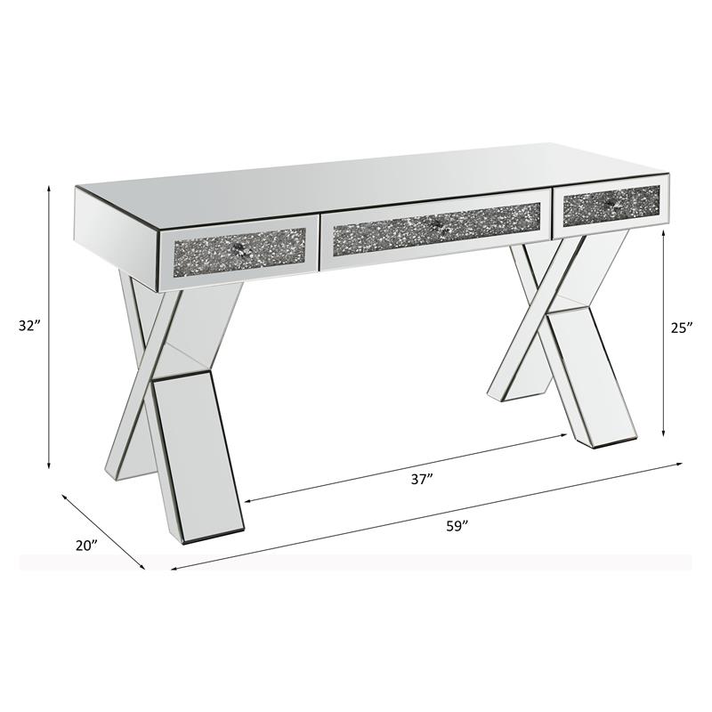 ACME Noralie Wood Frame Rectangular Writing Desk in Mirrored and Faux Diamonds