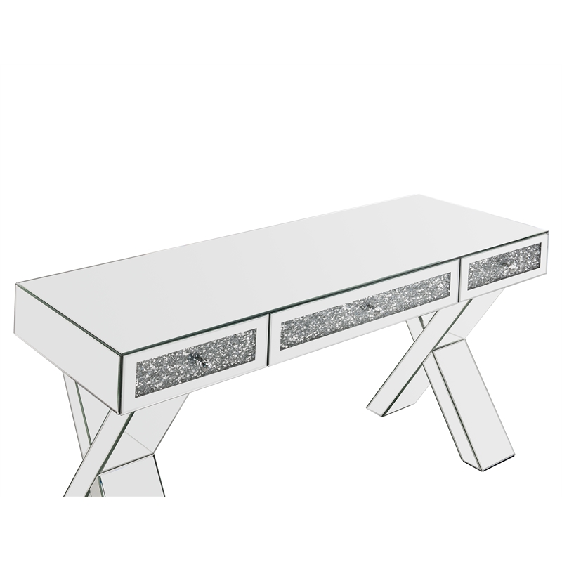 ACME Noralie Wood Frame Rectangular Writing Desk in Mirrored and Faux Diamonds