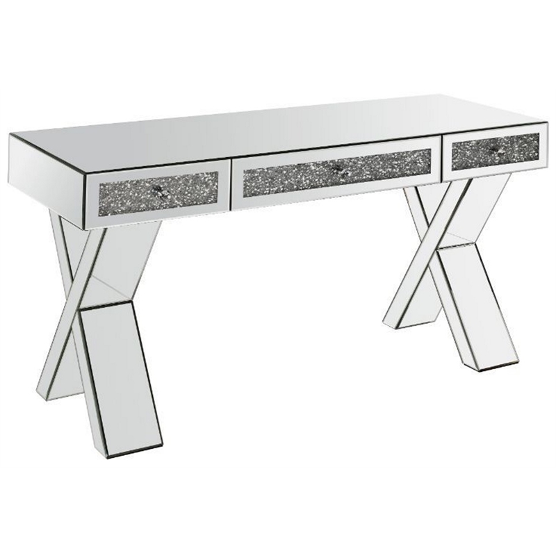 ACME Noralie Wood Frame Rectangular Writing Desk in Mirrored and Faux Diamonds