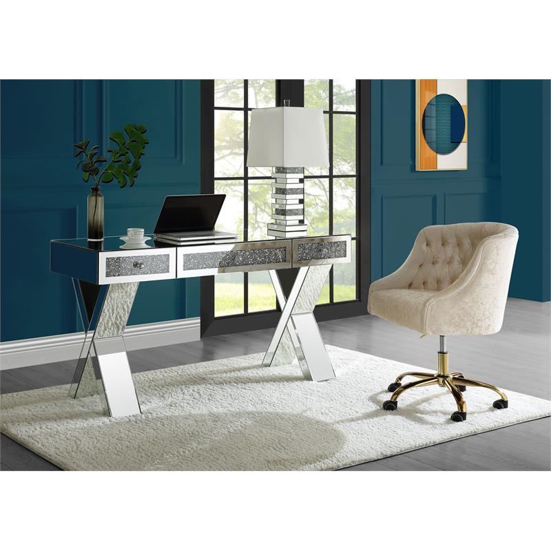 ACME Noralie Wood Frame Rectangular Writing Desk in Mirrored and Faux Diamonds