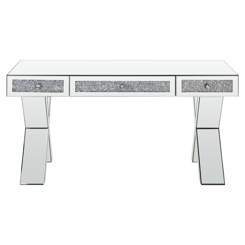 ACME Noralie Wood Frame Rectangular Writing Desk in Mirrored and Faux Diamonds