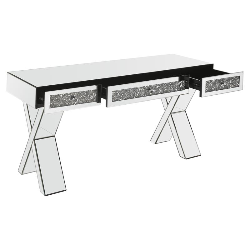ACME Noralie Wood Frame Rectangular Writing Desk in Mirrored and Faux Diamonds