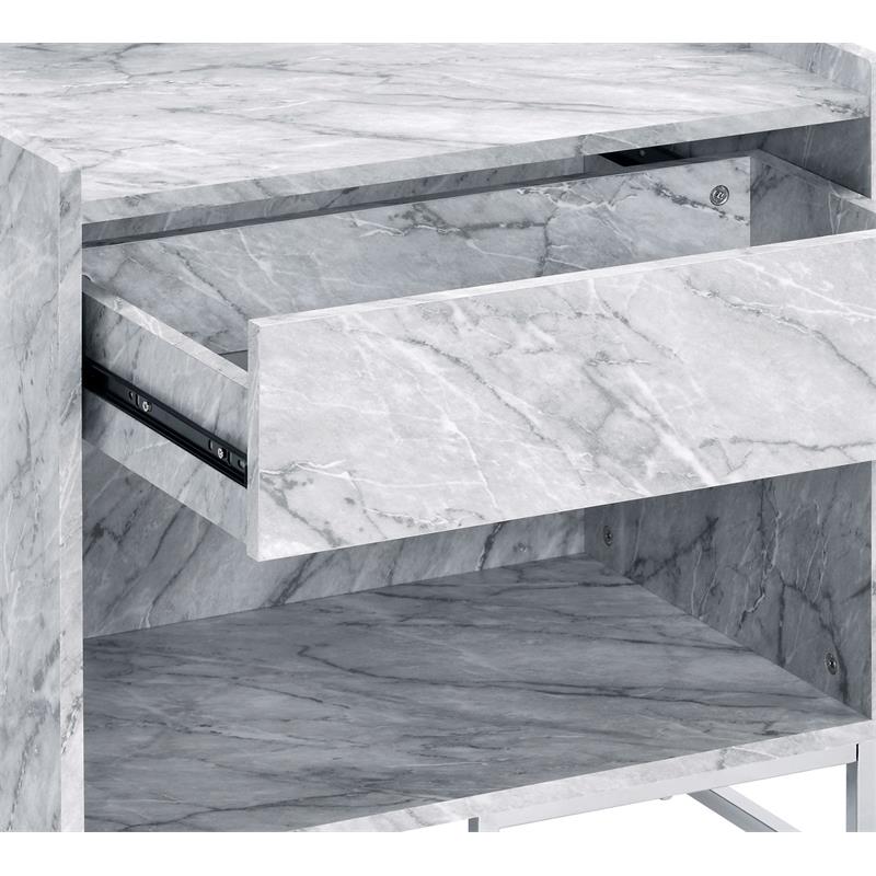 ACME Azrael Faux Marble Nightstand with Metal Base in White and Chrome