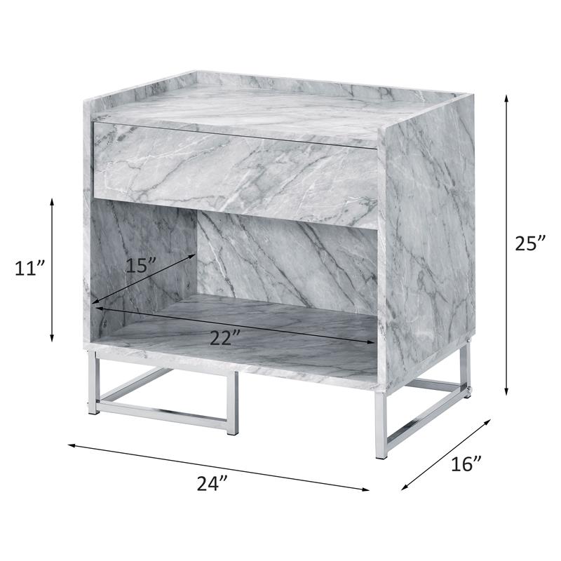 ACME Azrael Faux Marble Nightstand with Metal Base in White and Chrome