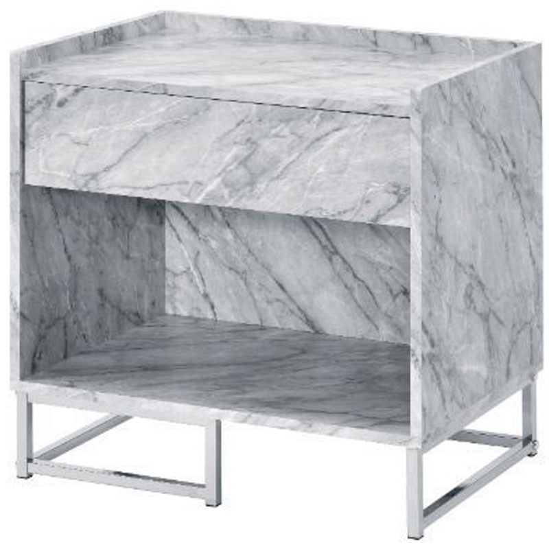 ACME Azrael Faux Marble Nightstand with Metal Base in White and Chrome