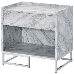 acme azrael faux marble nightstand with metal base in white and chrome