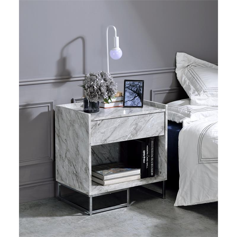 ACME Azrael Faux Marble Nightstand with Metal Base in White and Chrome