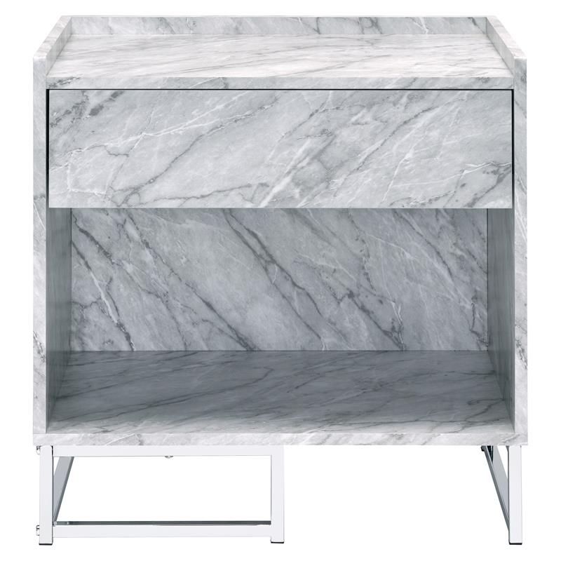 ACME Azrael Faux Marble Nightstand with Metal Base in White and Chrome