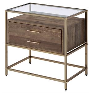 acme knave 2-drawer wooden accent table with glass top in walnut and champagne