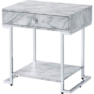 acme wither faux marble 1-drawer nightstand with metal base in white and chrome