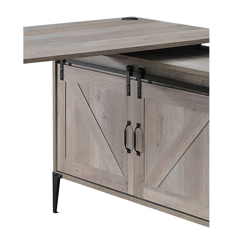ACME Zakwani Wooden Storage Writing Desk with 2 Barn Doors in Gray Oak and Black