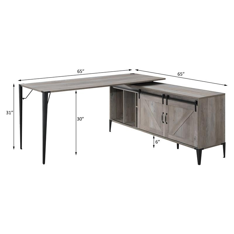 ACME Zakwani Wooden Storage Writing Desk with 2 Barn Doors in Gray Oak and Black