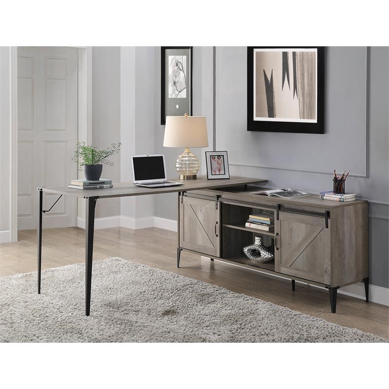 ACME Zakwani Wooden Storage Writing Desk with 2 Barn Doors in Gray Oak and Black